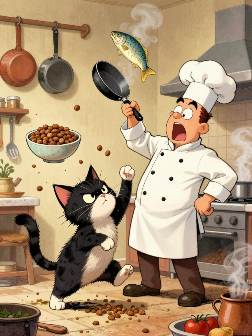 Humorous Cat Food Fight in Cozy Kitchen