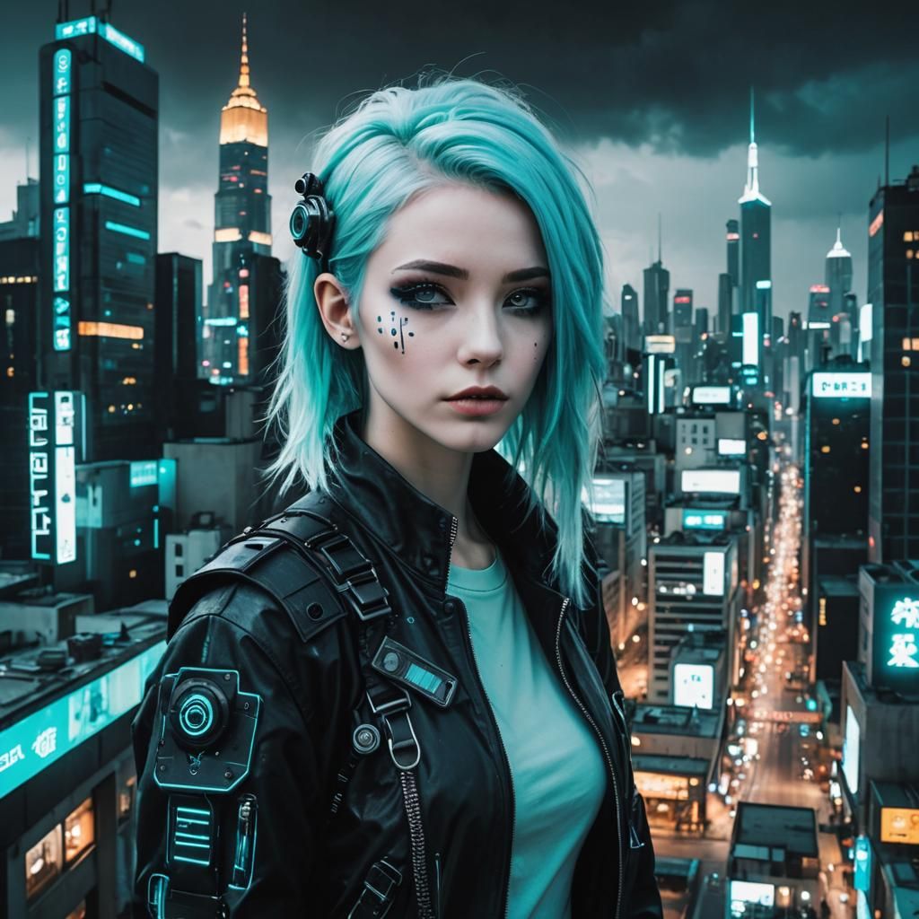 Enchanting Cyberpunk Girl in Cityscape
