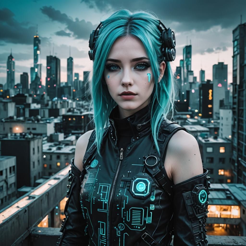 Enchanting Cyberpunk Girl with Cyan Hair in Cityscape