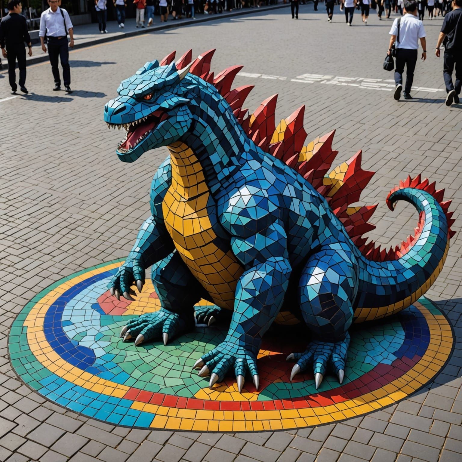 Godzilla Reigns Over Tokyo in Vibrant Mosaic Art