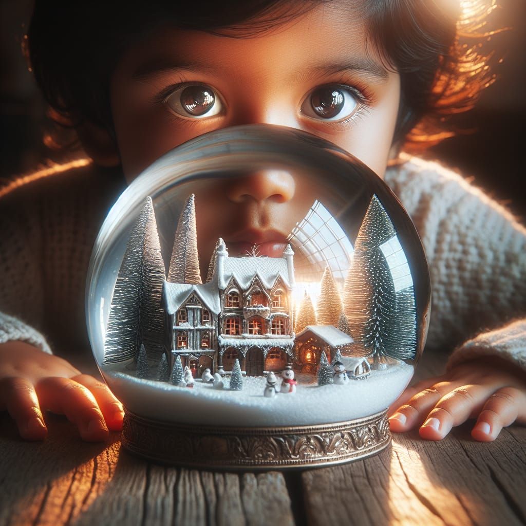 Child Gazing at Magical Snow Globe Town