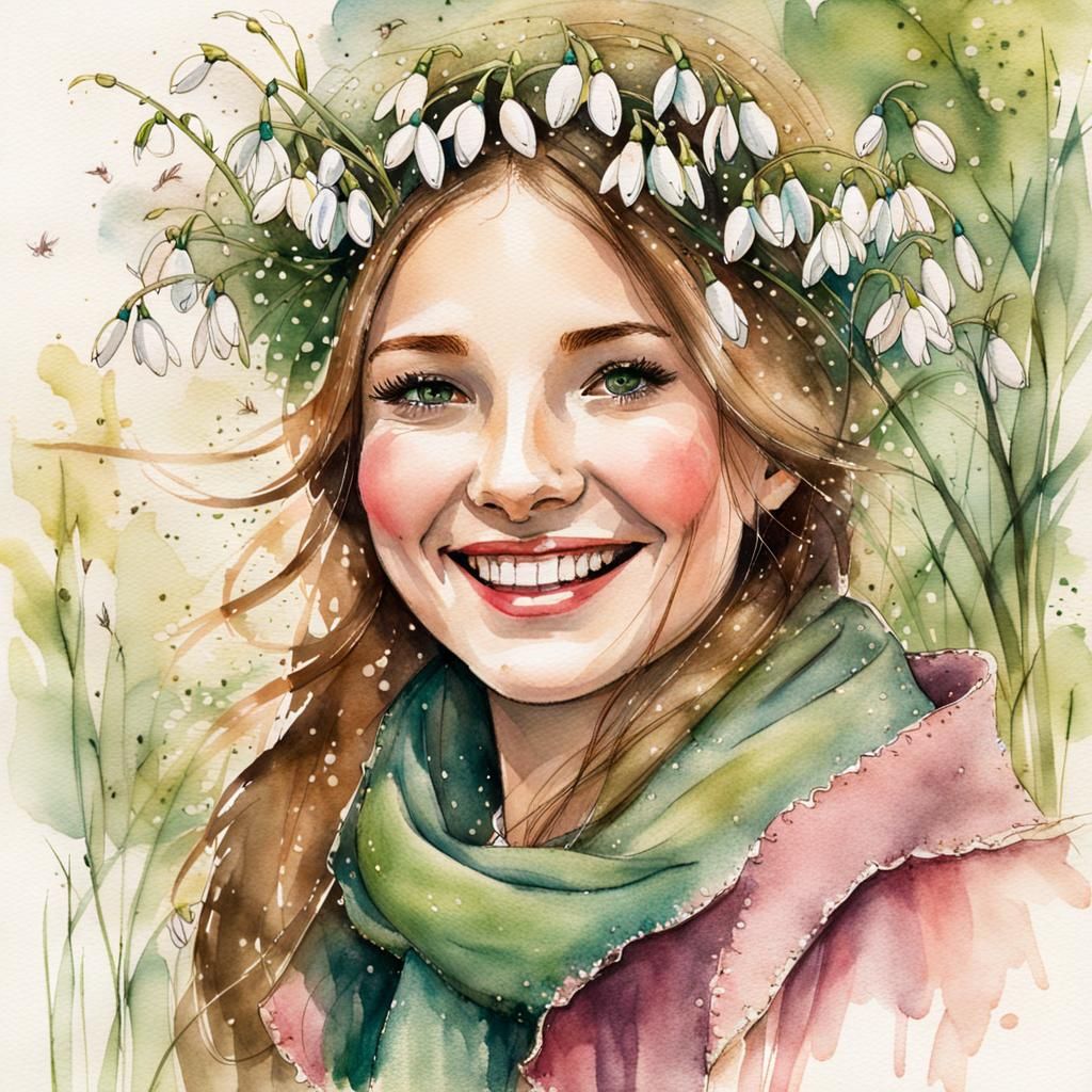 Laughing Woman in Springtime, Watercolor Storybook Illustrat...
