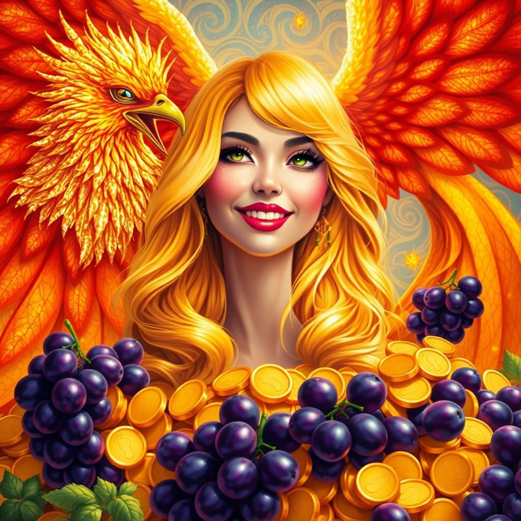 Blonde Woman with Phoenix in Candy-Coated Utopia