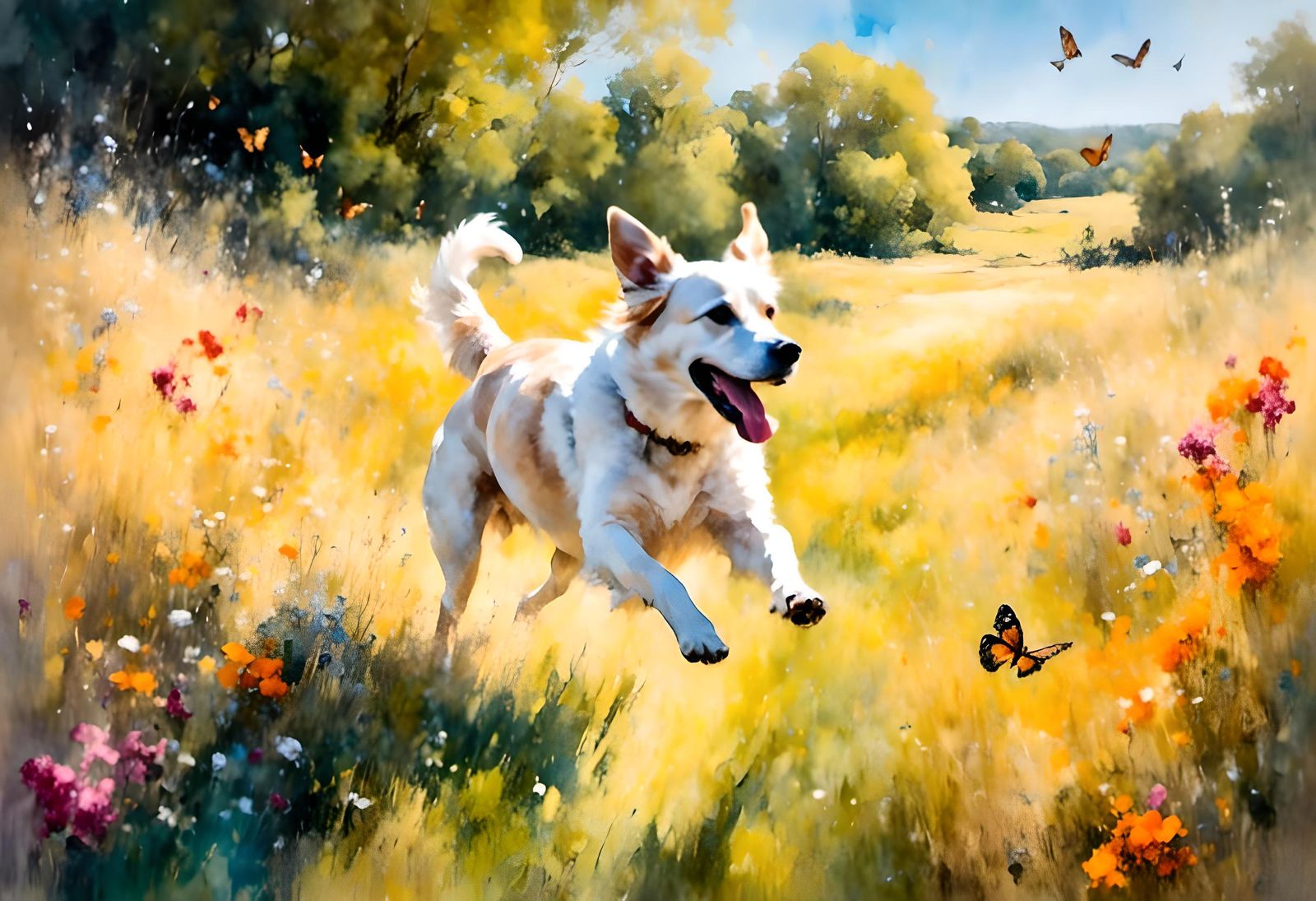 Impressionist Dog Chasing Butterflies in Summer Meadow
