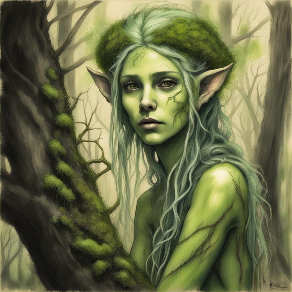 Wood Elf Female in Charcoal Drawing Style