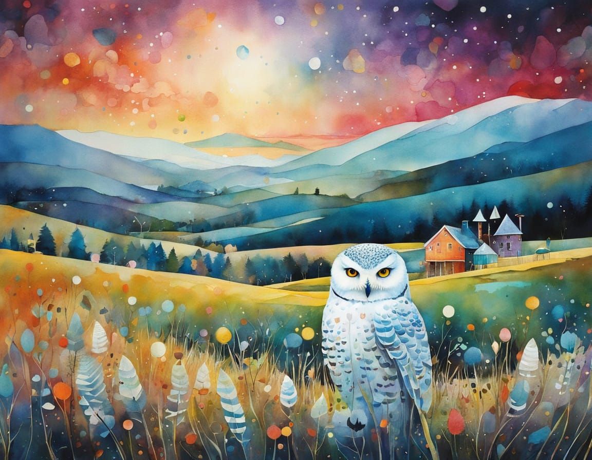 Whimsical Watercolor Snowy Owl in a Cubist Landscape