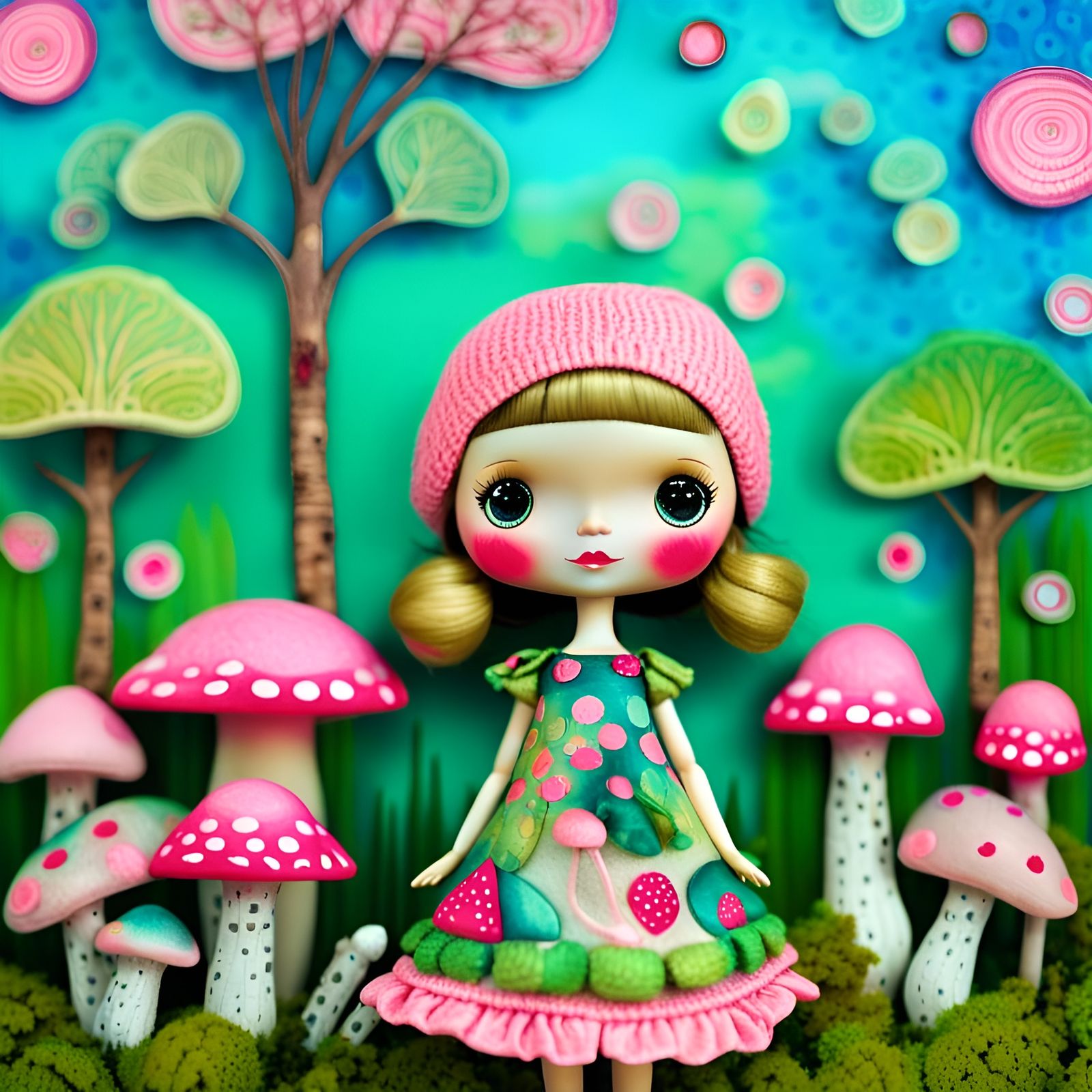 Adorable Blythe Doll in Pink and Green Forest, Art Brut