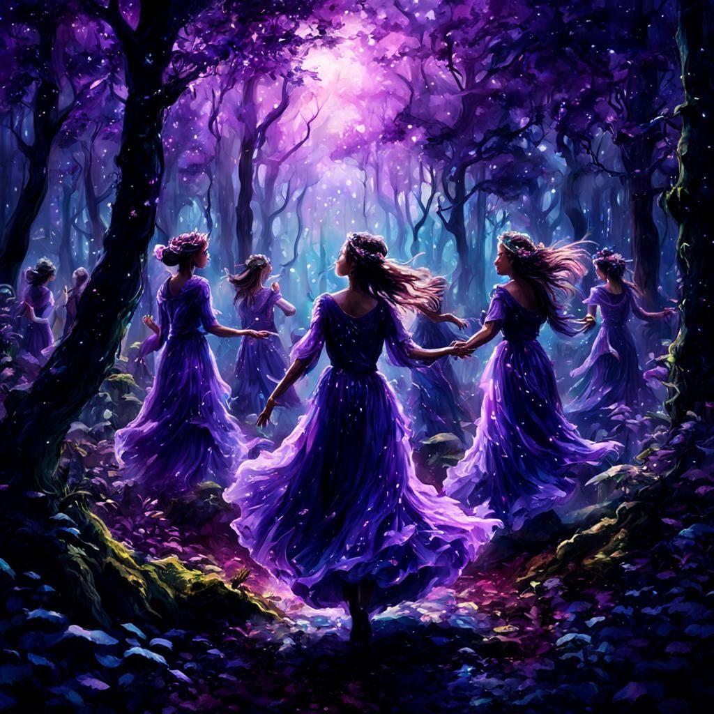 Luminescent Women Dancing in Purple Forest, Watercolor