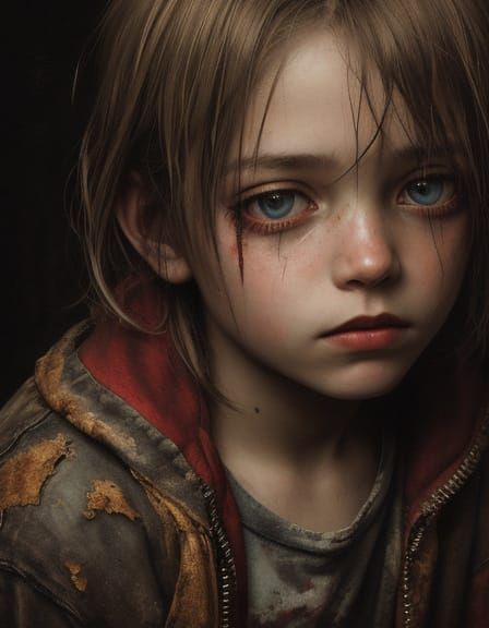 Grunge Oil Painting of a Child with Red Glow