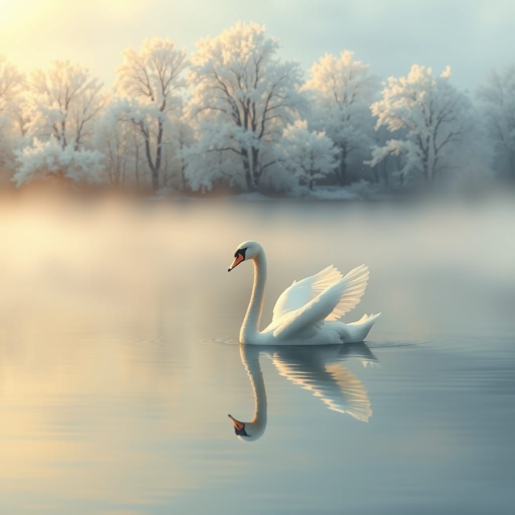 Solitary Swan on Icy Lake in Ethereal Mist