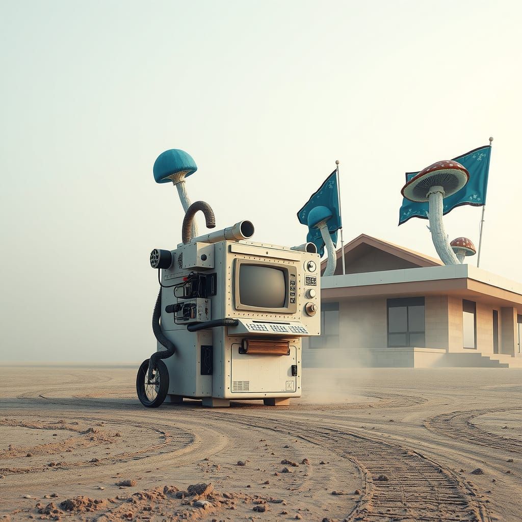 Hyperrealistic Renaissance Computer with Mushroom Flags