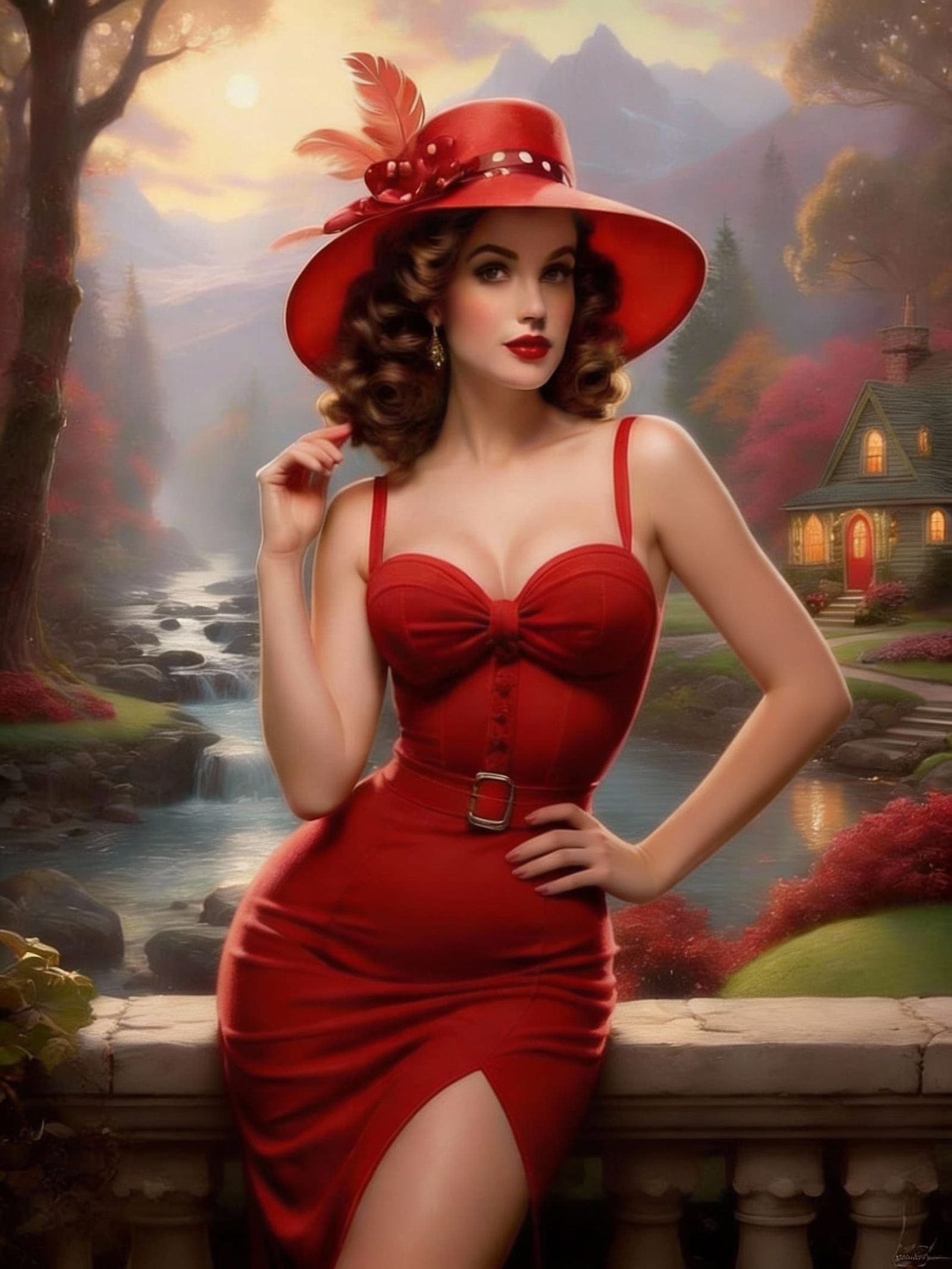 Pin-Up Model in Red Dress with Ethereal Mist