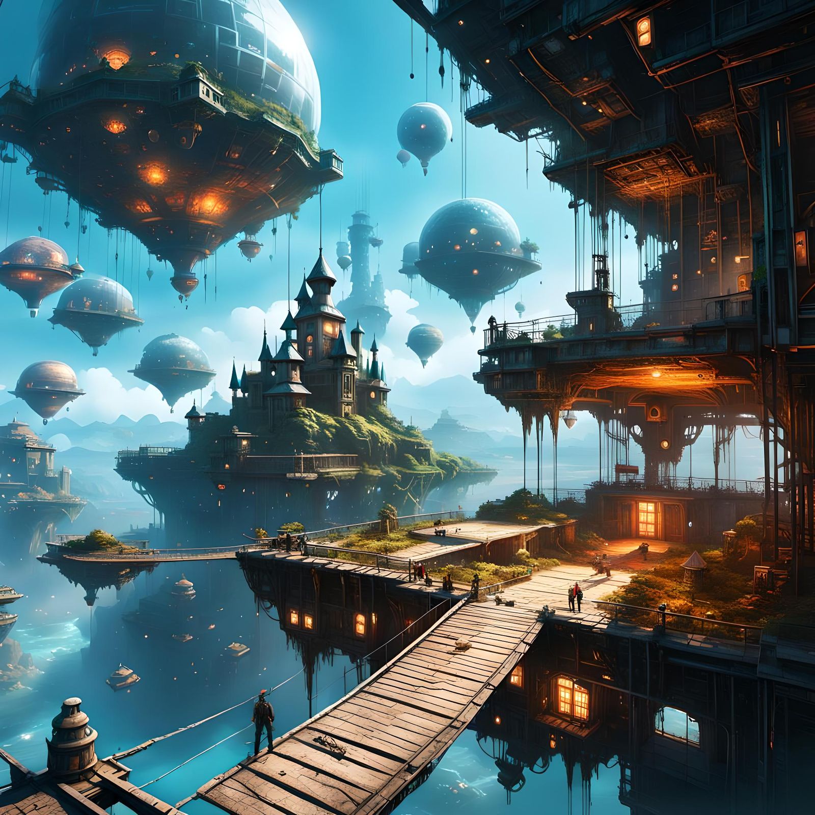 Hyperrealistic Floating High-Tech Fortress in Digital Art