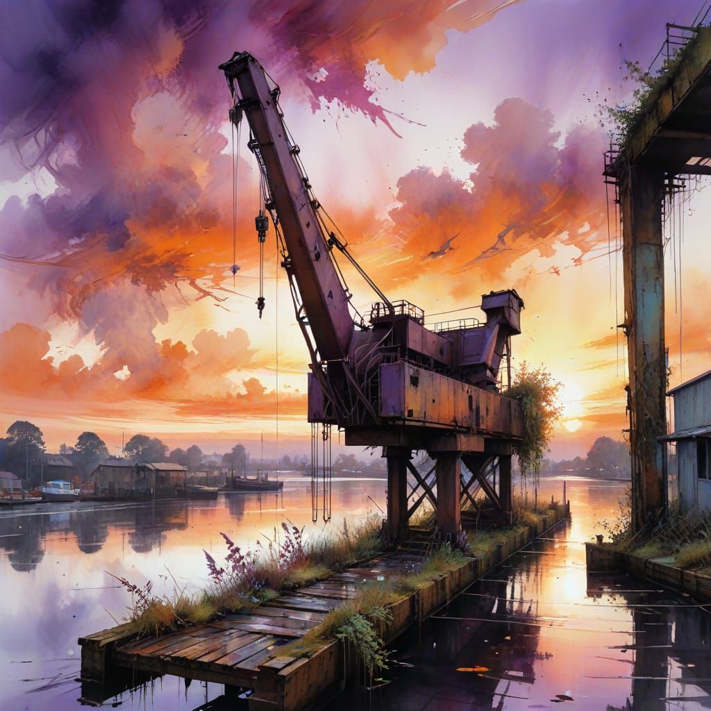Rusted Crane Entwined with Nature at Sunset