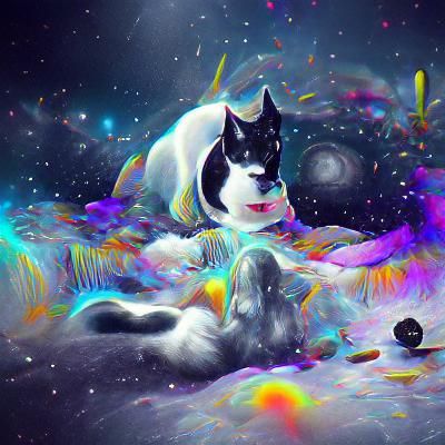 Cat and Husky in Space, Mixed Media Illustration