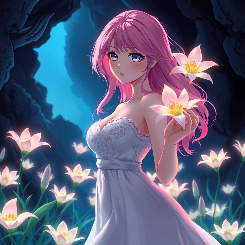 Ethereal Lilies Illuminate Pink-Haired Woman in Anime Style