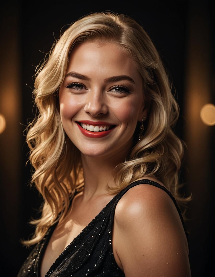 Glamorous Portrait of Smiling Blonde Woman in Black Dress