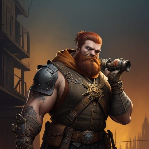 Stocky Dwarf in Steampunk-Inspired Rooftop Scene