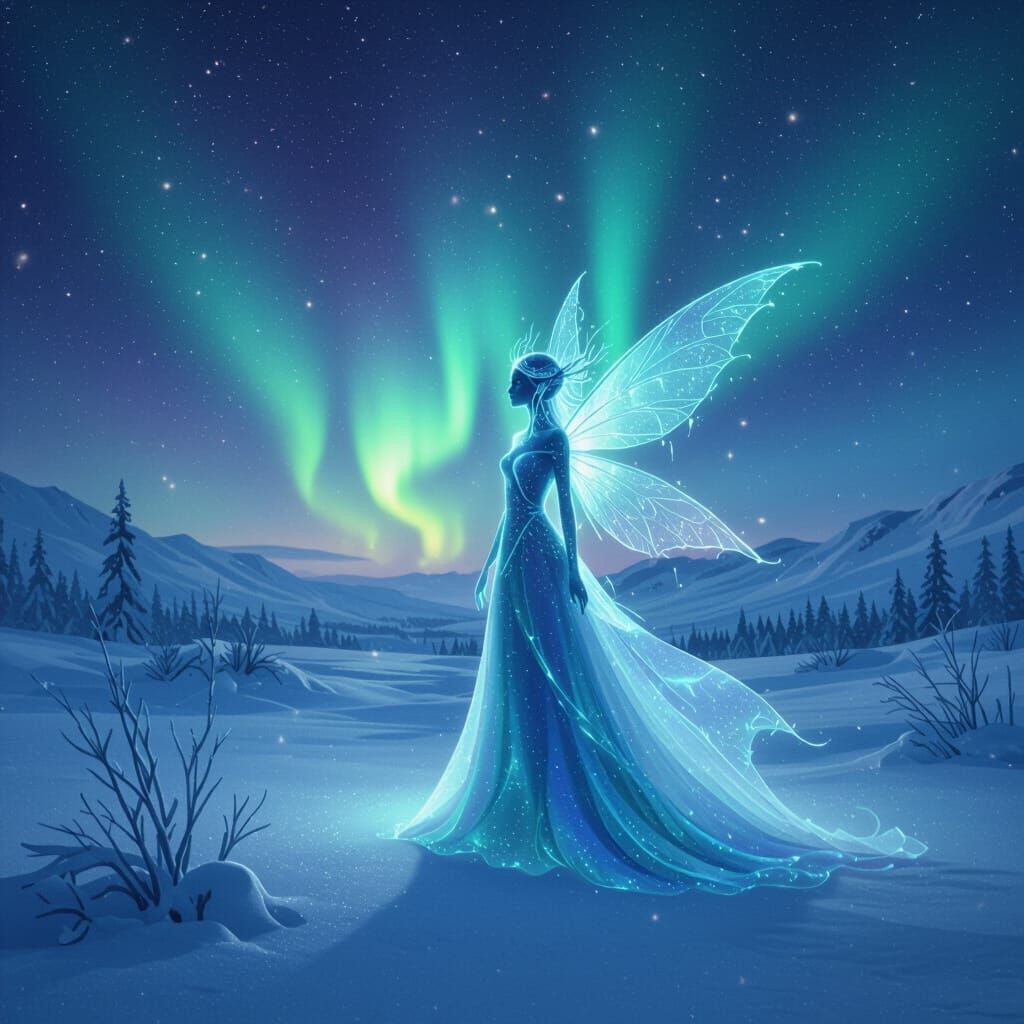 Ethereal slender fairy in a snow-covered land, made of the g...