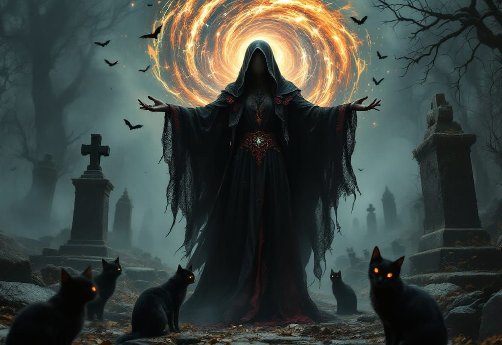 Halloween Witch Casting Spell in Cemetery Vortex