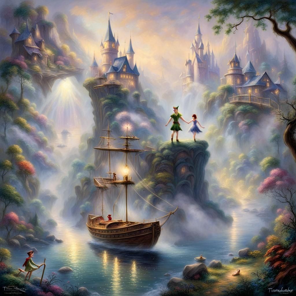 Peter Pan and Tinkerbell in Neverland: Kinkade Style