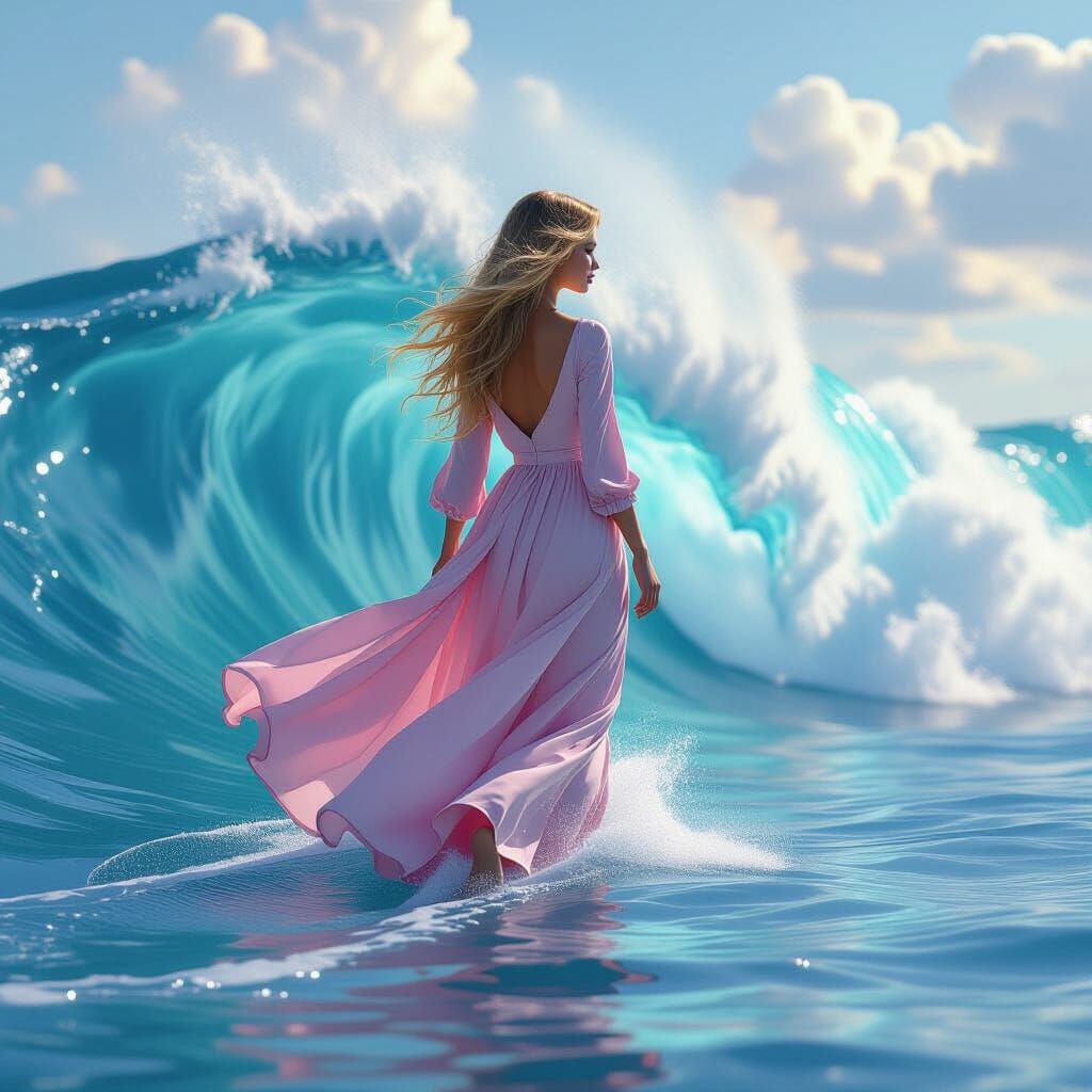 Girl Walks on Water Behind Wave, Splash Art Style
