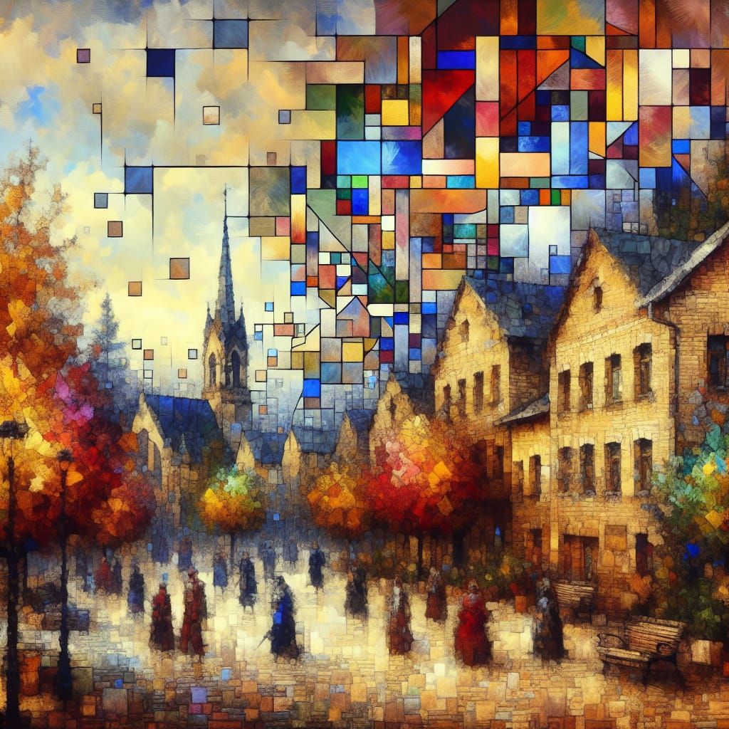 Medieval Town with Abstract Geometric Explosion