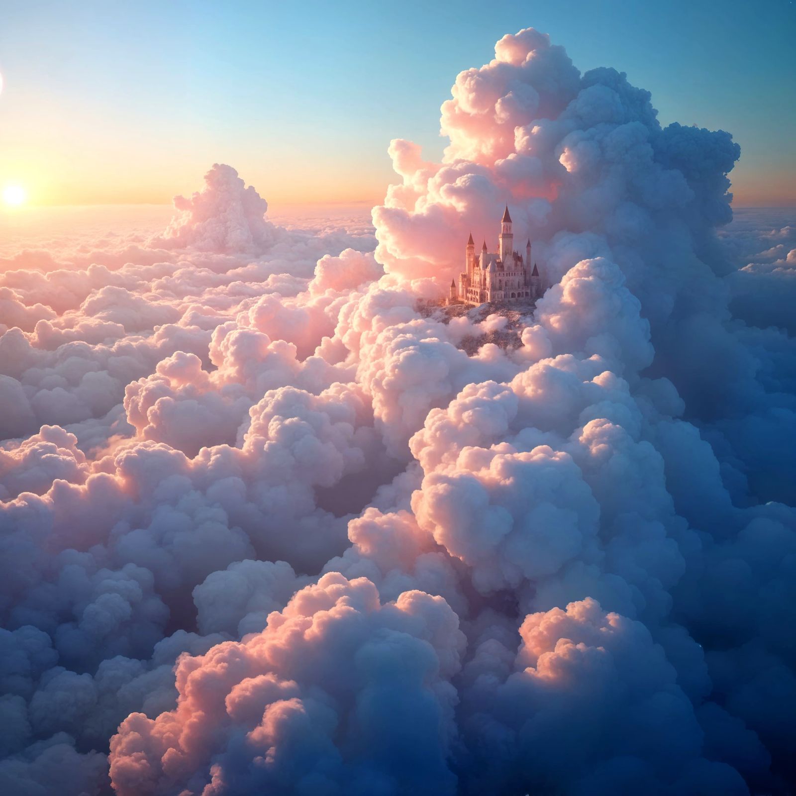 Ethereal Fantasy Cityscape Amidst Puffy Clouds