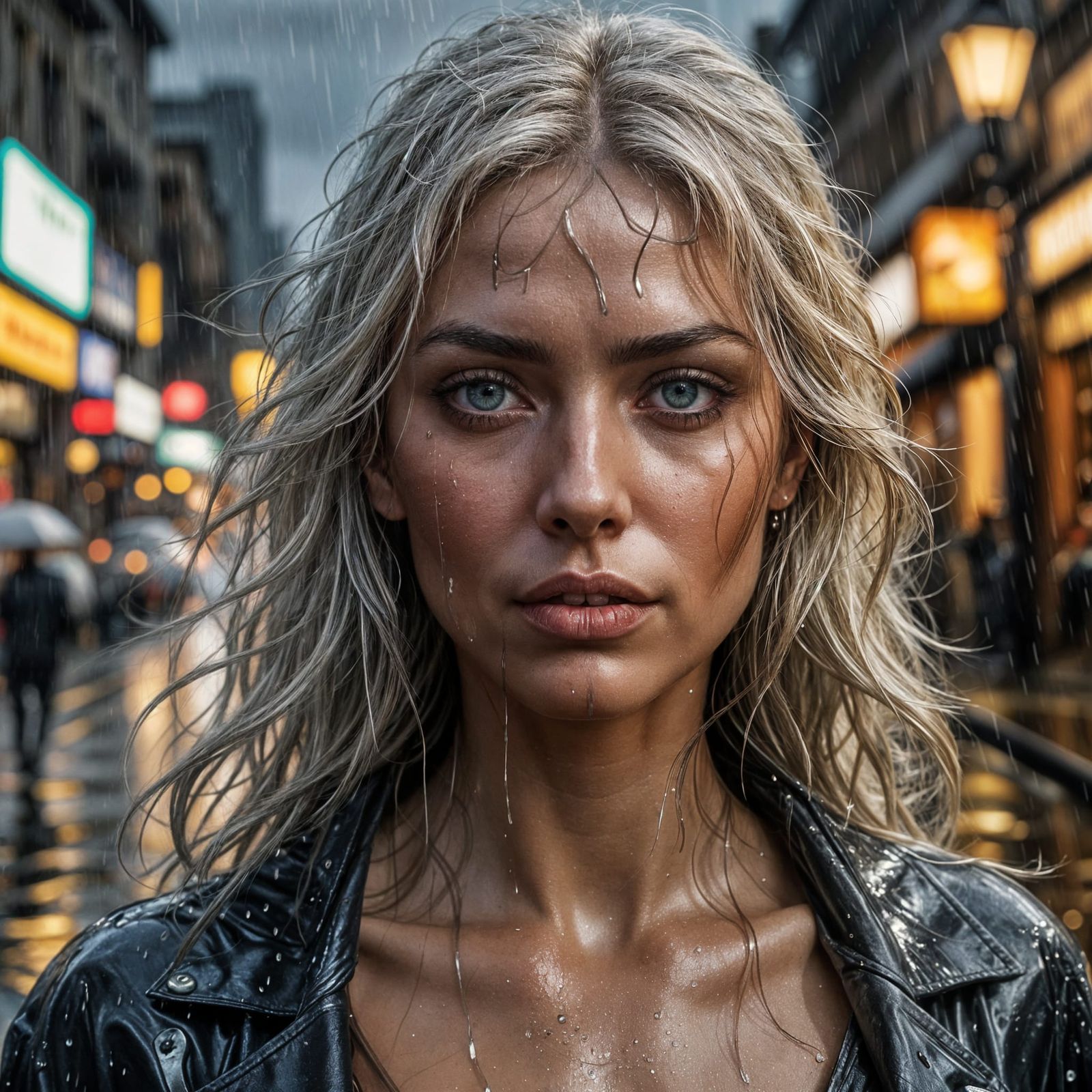 Hyper Realistic Wet Woman in Rainy Street Scene