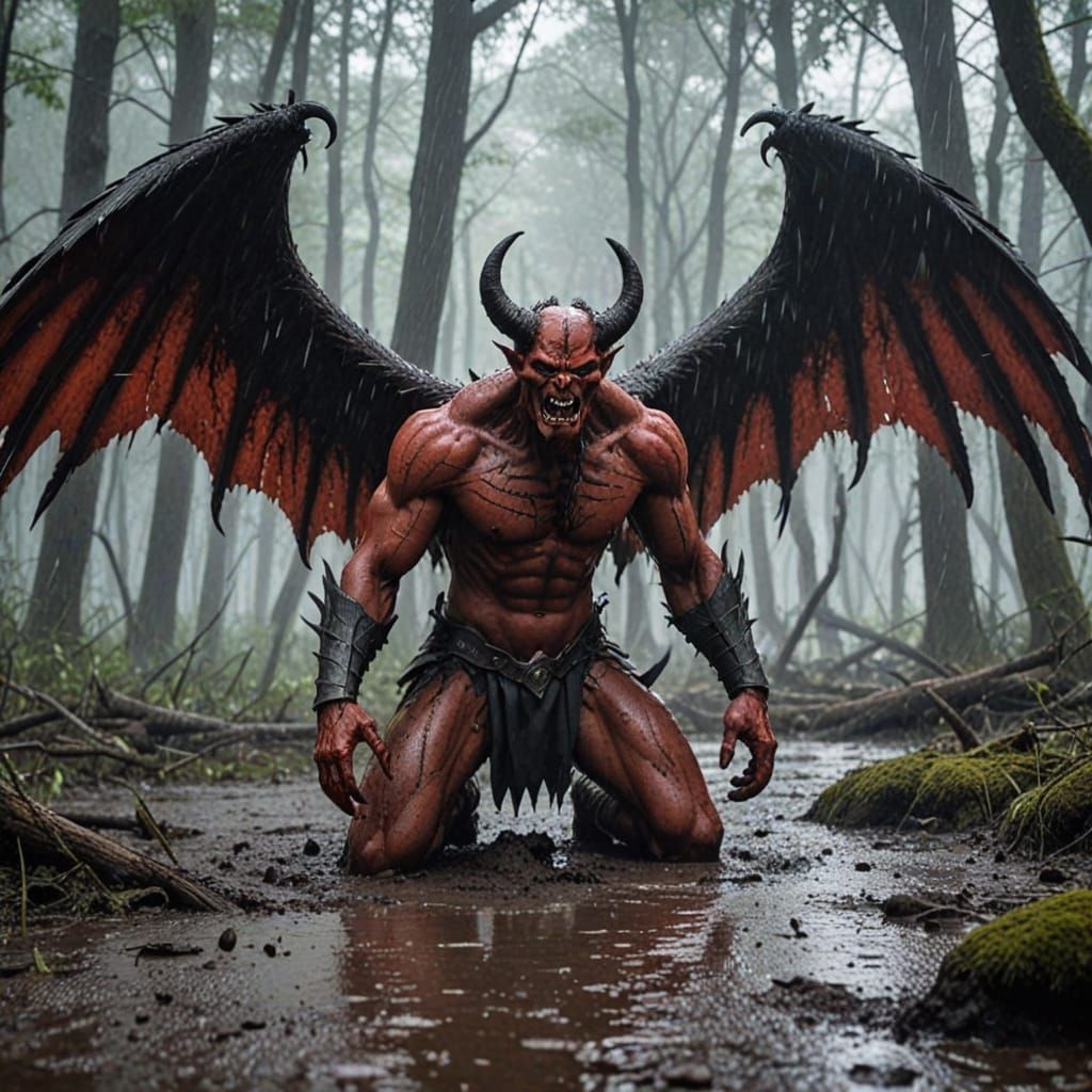 Angel Offers Hand to Fallen Demon on Stormy Battlefield