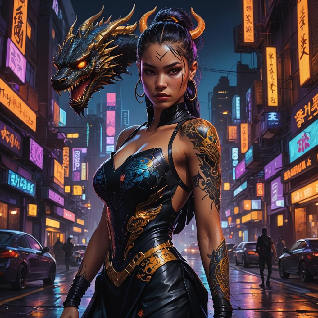 Cyberpunk Warrior with Dragon Tattoo in Cityscape