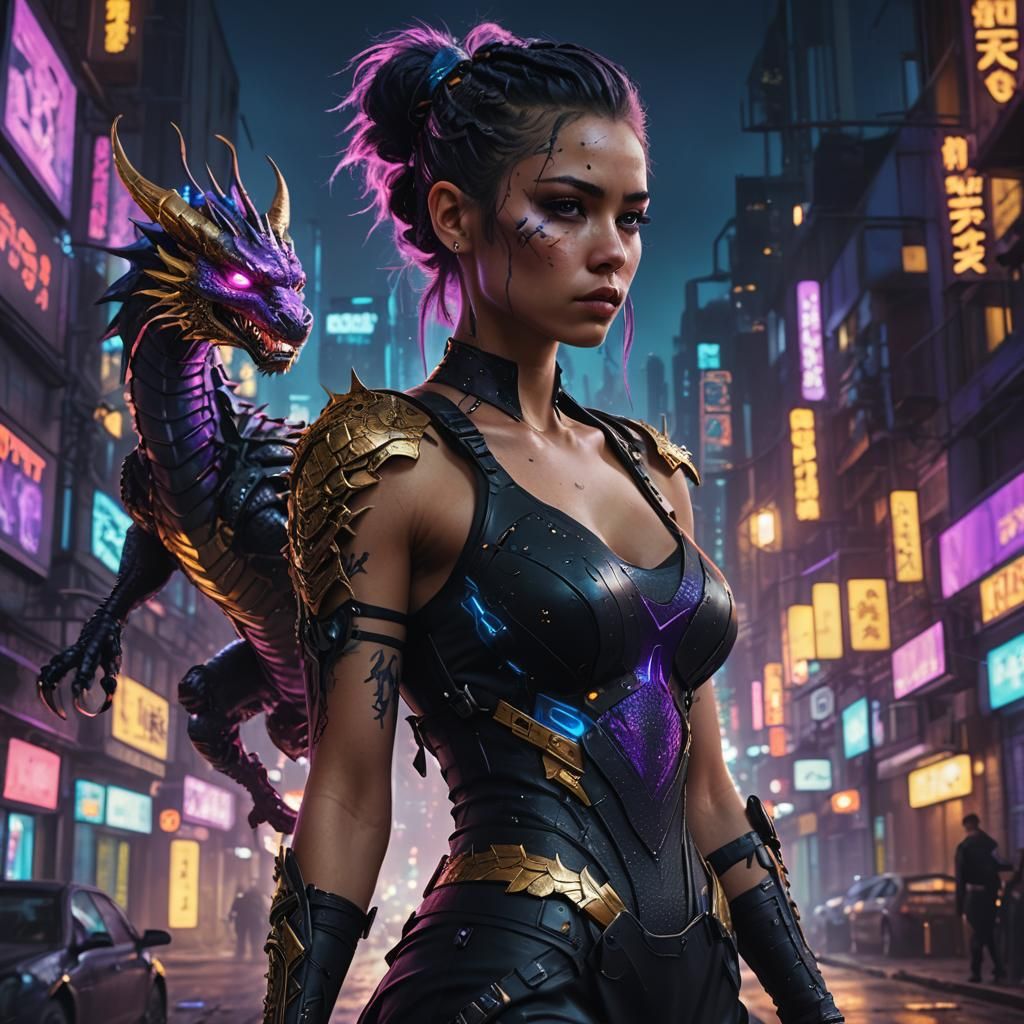 Cyberpunk Warrior Girl with Dragon Tattoo