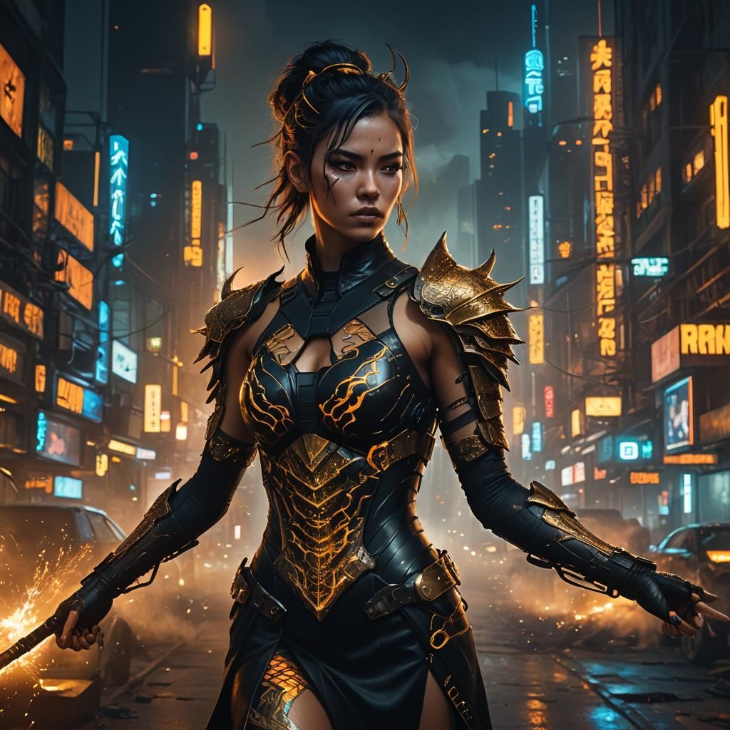 Cyberpunk Warrior with Dragon Tattoo in Golden Light