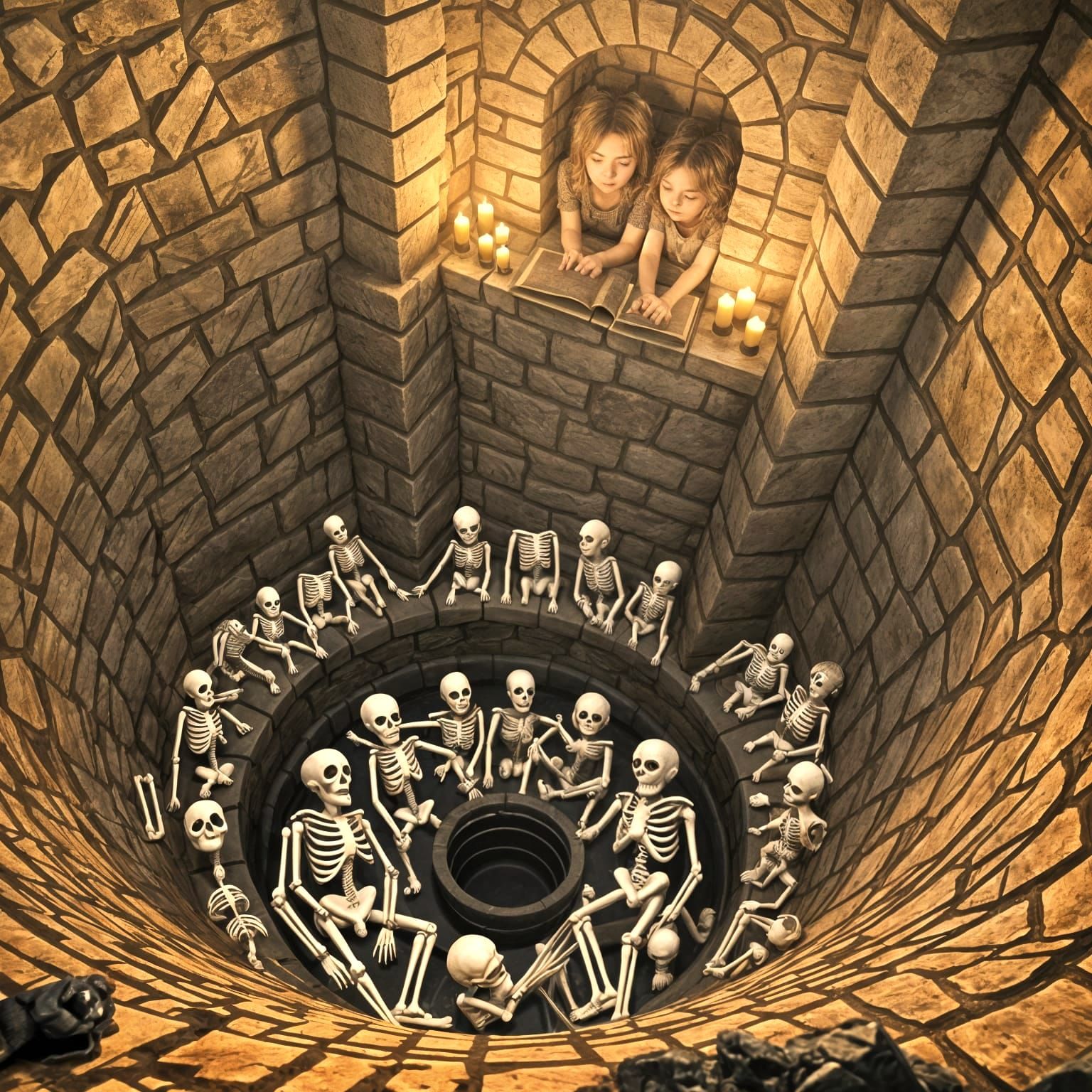 Kids Reading in Candlelit Alcove of Deep Stone Well
