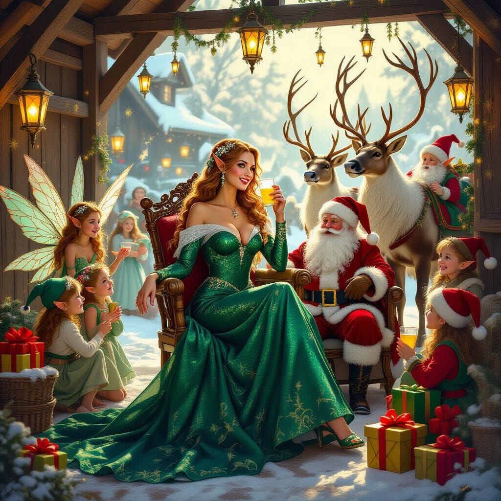 Fantasy Stable Scene: Woman, Elves, Goblins, Santa