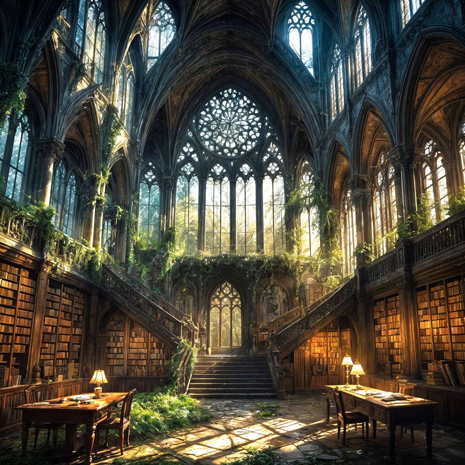 Abandoned Library Forest: Gothic Fantasy Art