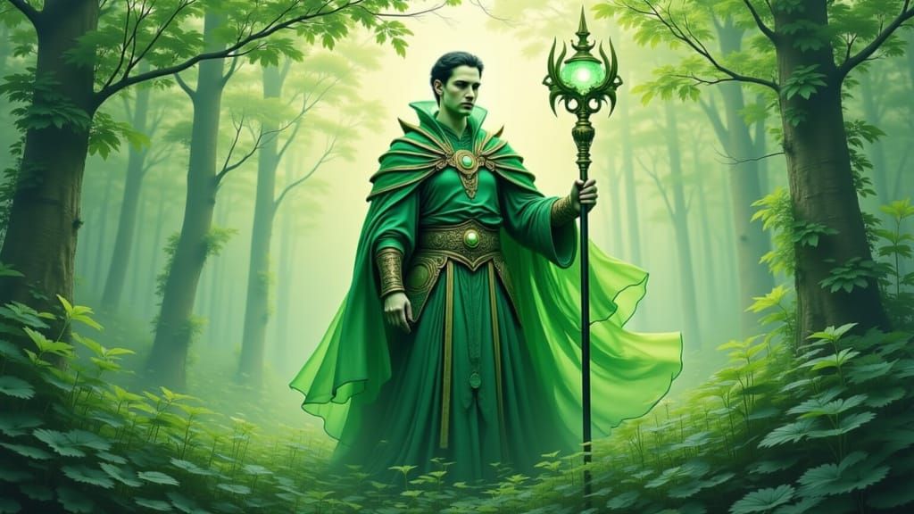 Ethereal Green Lord in Watercolor Fantasy Landscape