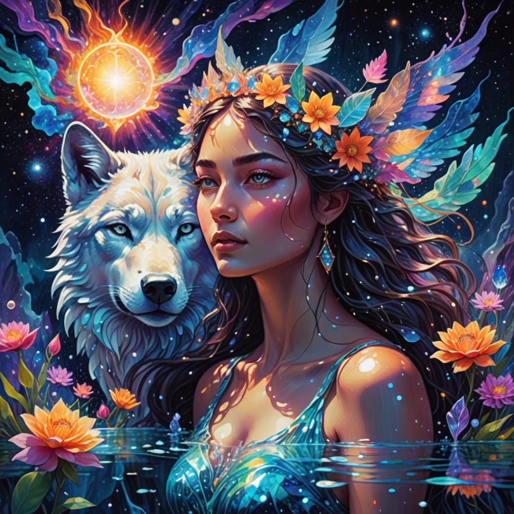Ethereal Goddess and Wolf in Cosmic Crystal Bloom
