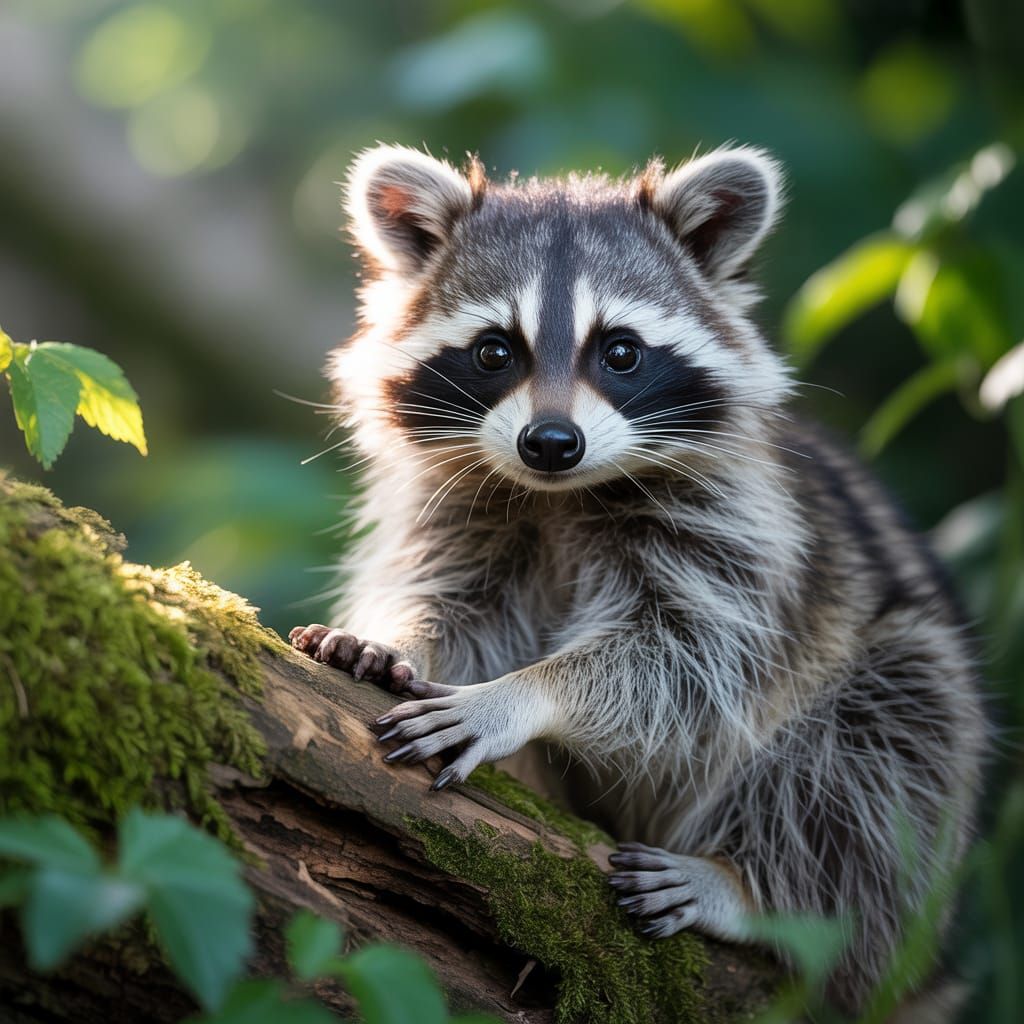 Cute Raccoon in Forest Sunlight