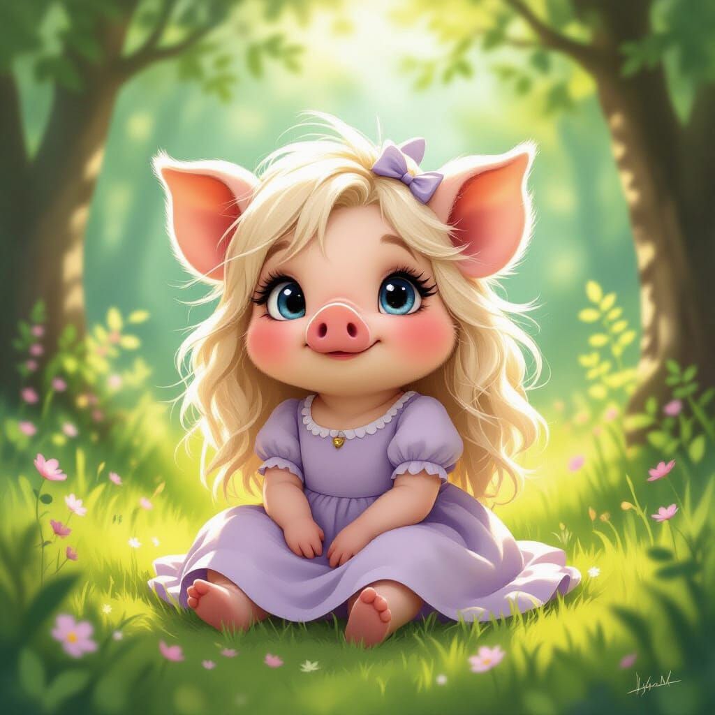 Cute Pig Nymph in Sun-Dappled Forest Clearing