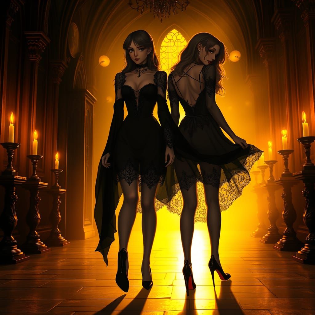 Gothic Sorceresses in Candlelit Hall