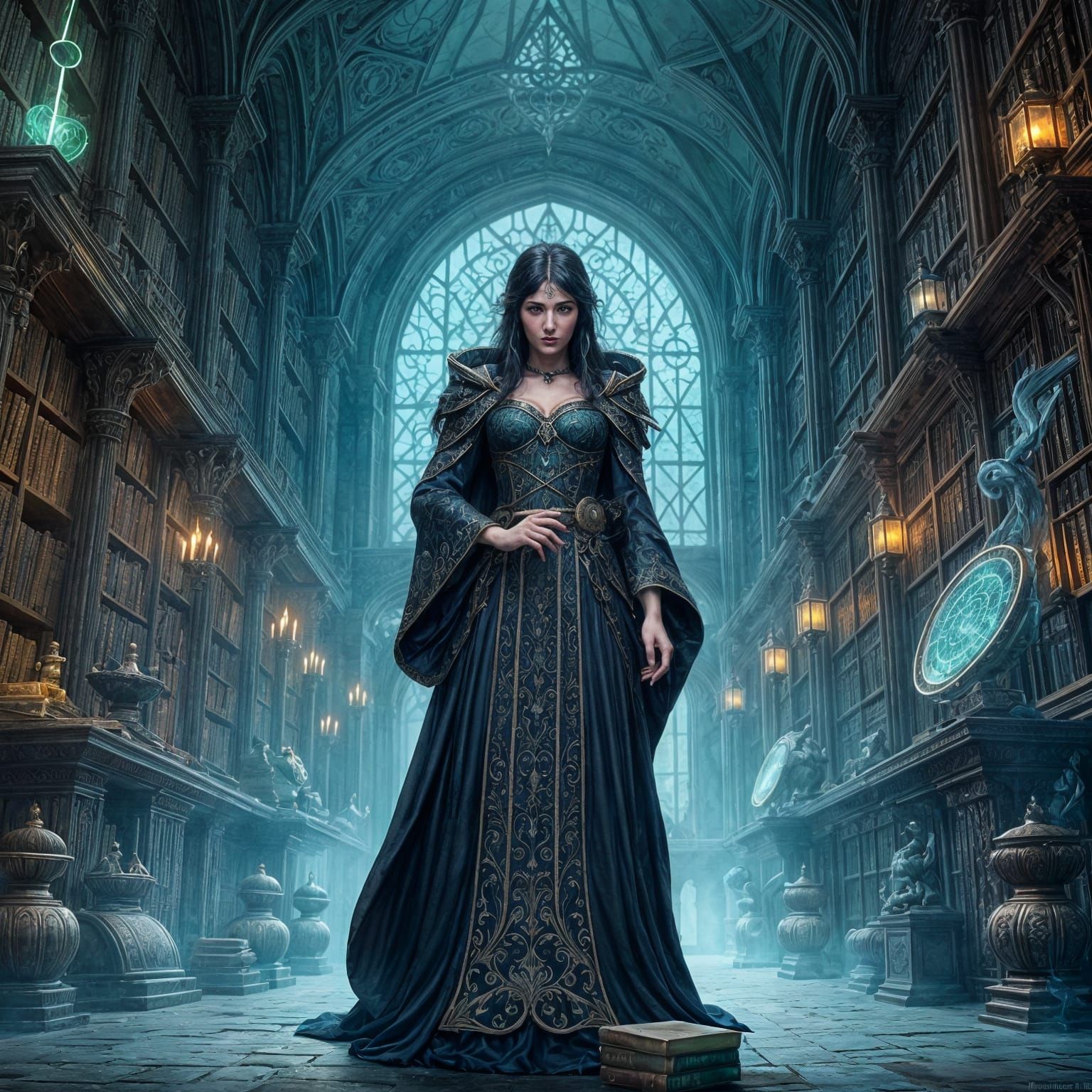 Sorceress Casting Spell in Ancient Library