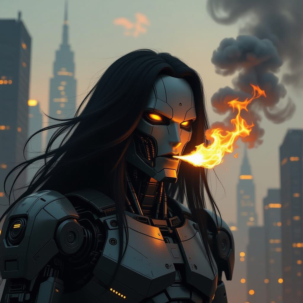 Menacing Fire-Breathing Robot in Industrial Cityscape