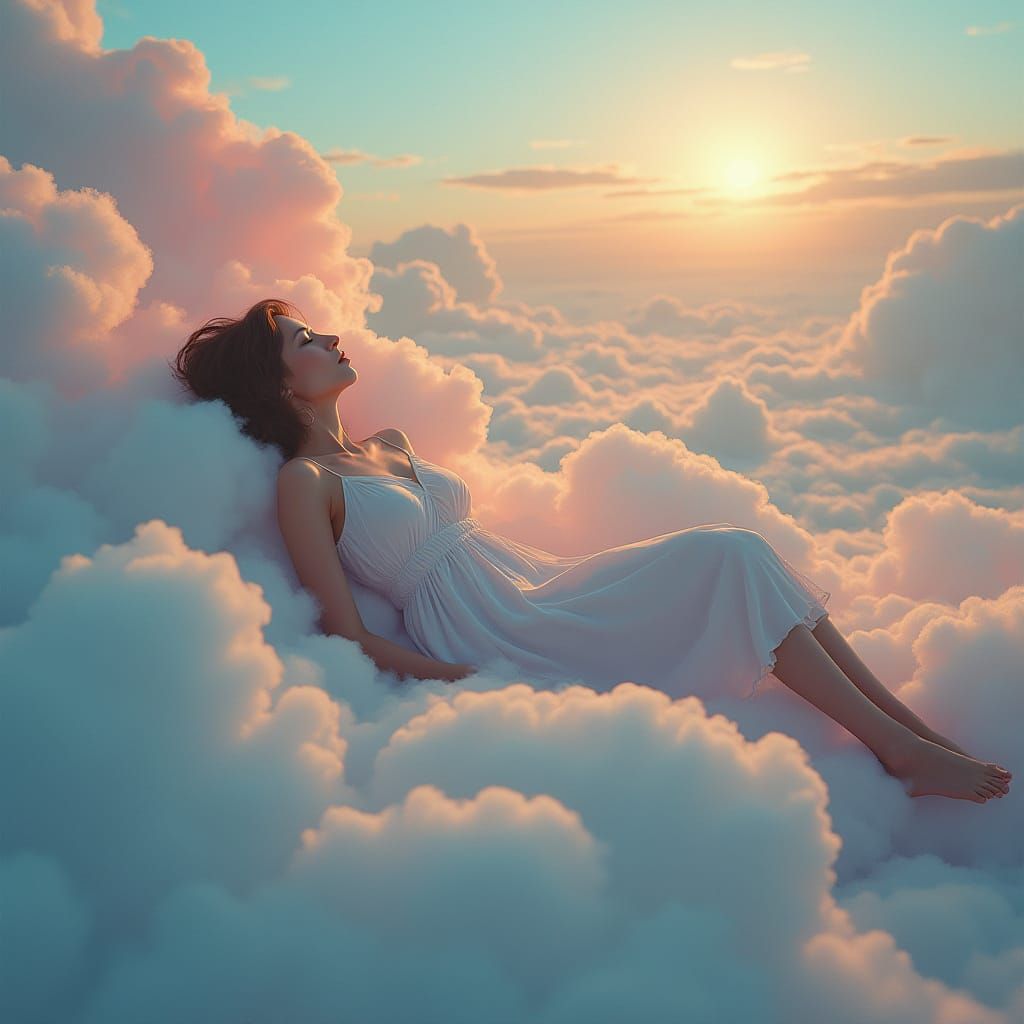 Woman in Dreamscape of Swirling Clouds