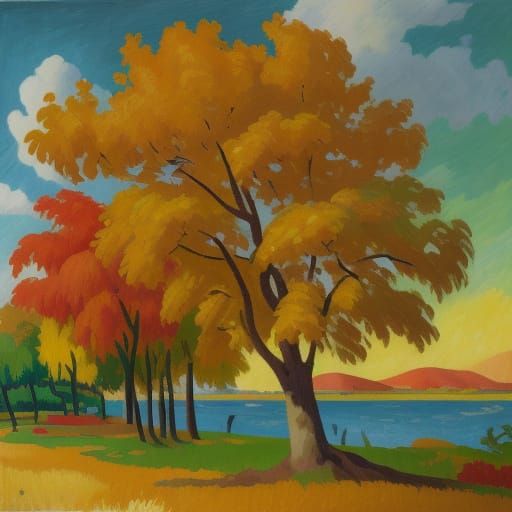 Gauguin Inspired Autumn Landscape in Vibrant Oil