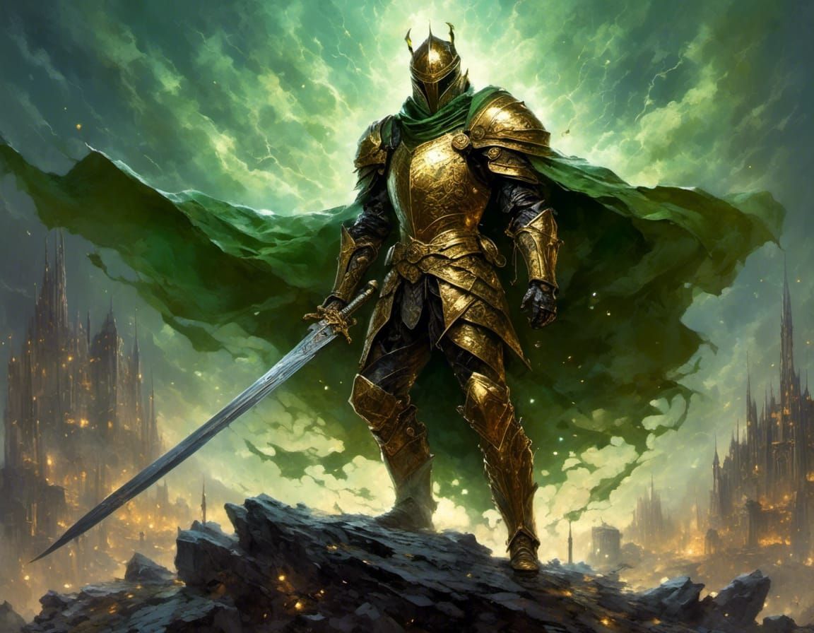 Fantasy Knight in Gold Armor in Throne Room