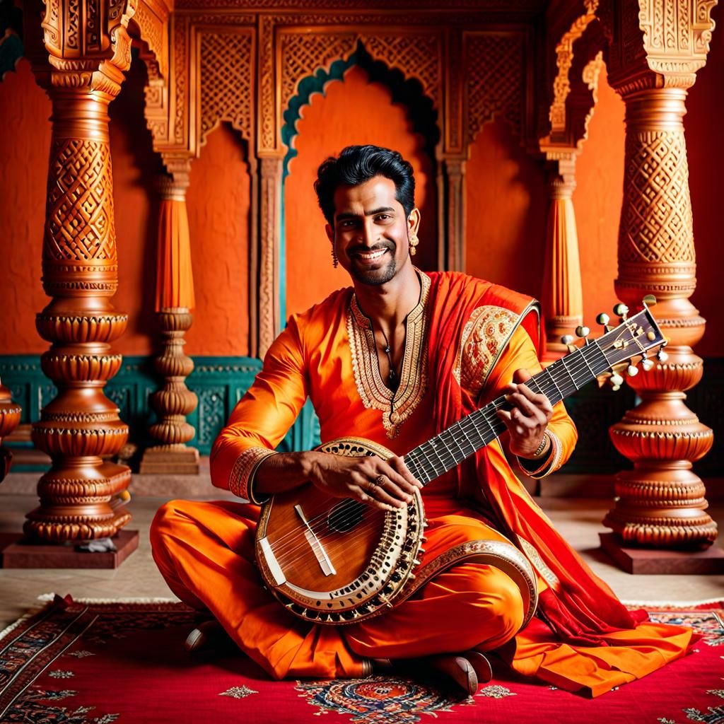 Indian Man Playing Sitar in Temple Room