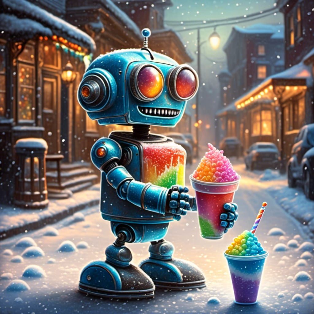 Cute Robot Eats Snow Cone in Chalk Art Style