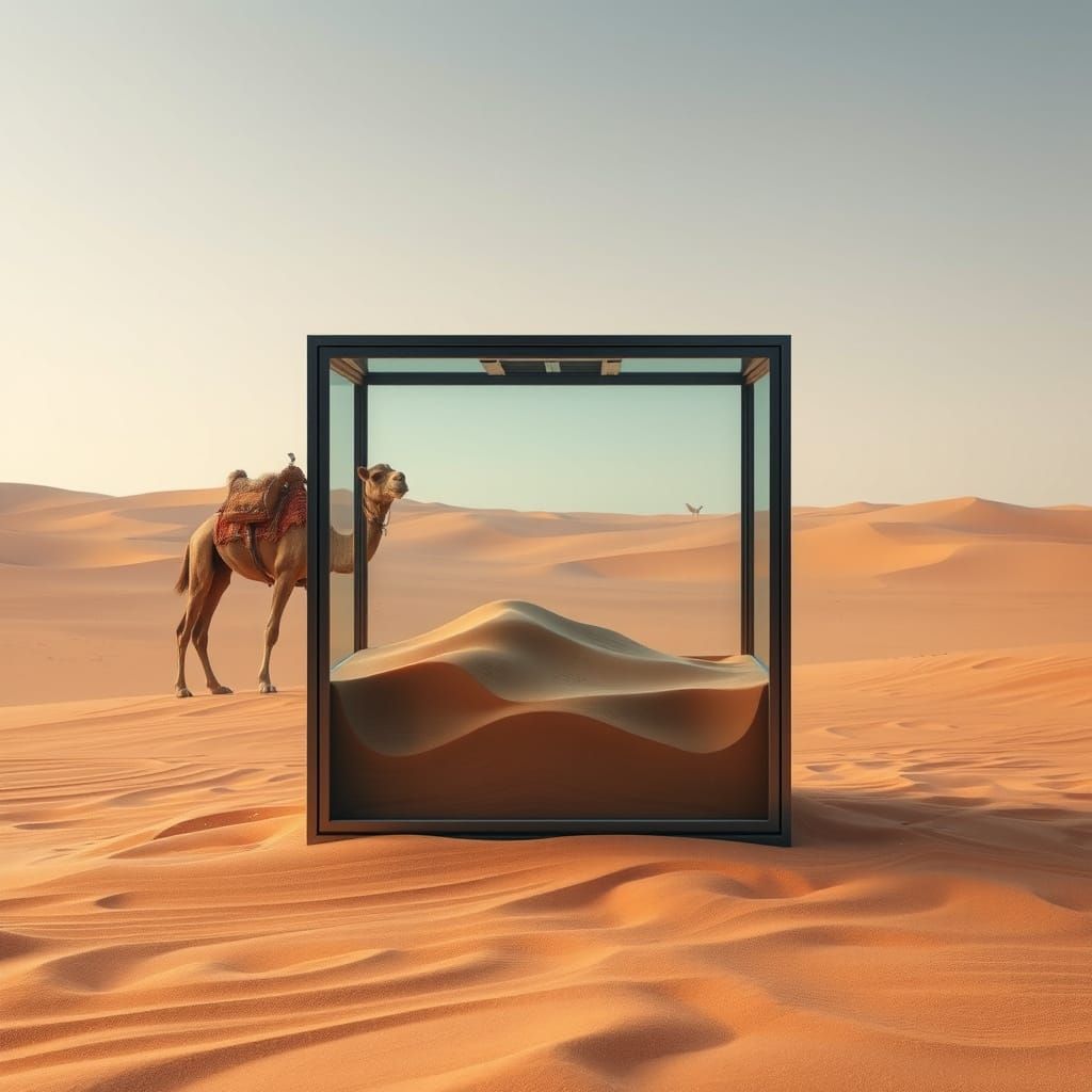 Surreal Desert Landscape with Sand Dunes in Glass Box