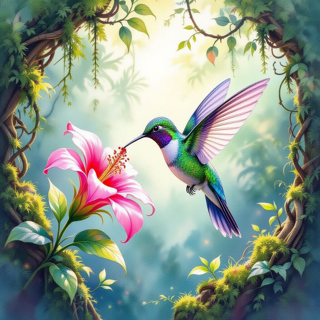 Iridescent Hummingbird Sipping Nectar: Watercolor Painting